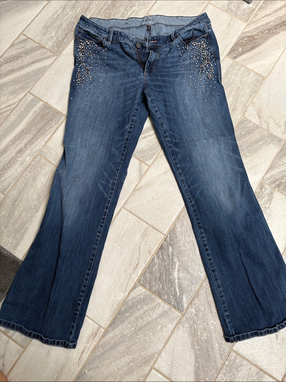 White House Black Market Navy Wide-Leg Jeans with Hip Rhinestones